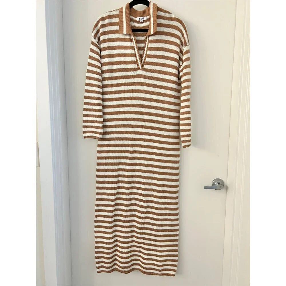 525 America Raya Stripe Polo Knit Sweater Dress in Walnut Multi Size M LIKE NEW